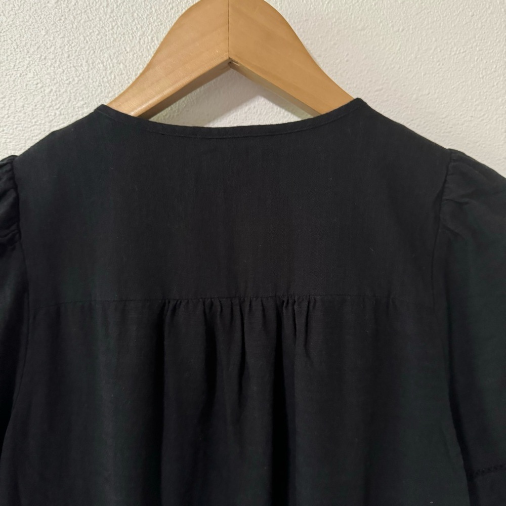 Madewell Pleated Button-Front Shift Dress Black Cotton Viscose Lace Eyelet-XS - Picture 7 of 10